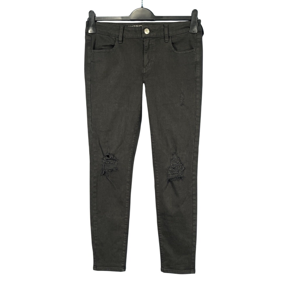 AMERICAN EAGLE Super Stretch BLACK Destroyed 4-POCKET Twill JEANS/JEGGINGS Sz 10
